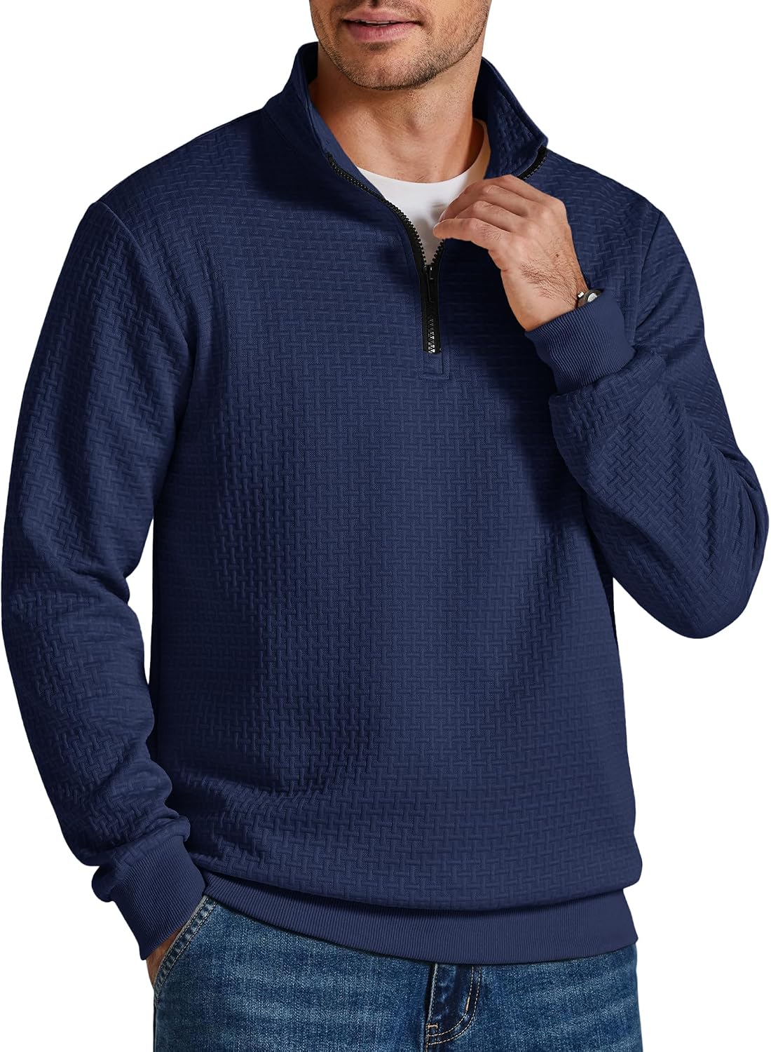 Men's Grid Textured Quarter Zip Sweatshirt - Mock Neck with Contrast Zipper and Relaxed Fit for Fall Days - Medium