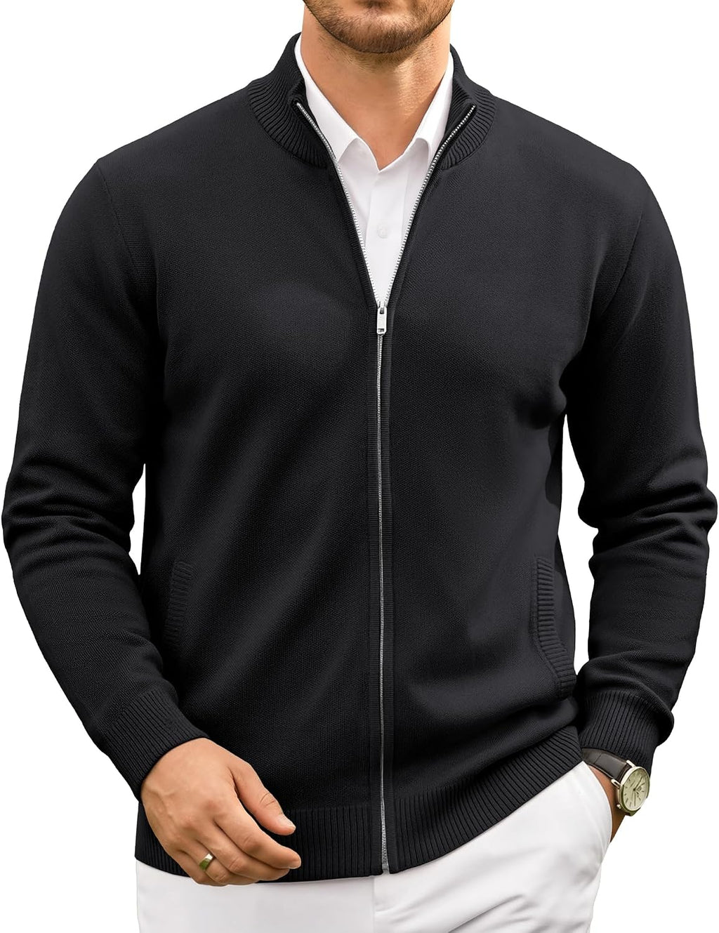 Men's Fair Isle Full Zip Cardigan - Mock Neck Knitwear with Two Slant Pockets and Relaxed Fit for Winter - Small