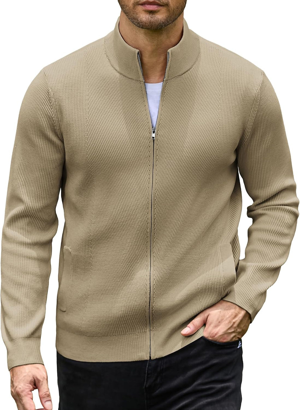 Men's Textured Knit Zip Up Cardigan - Stand Collar with Two Deep Slant Pockets for Office Days and Cool Evenings - Small