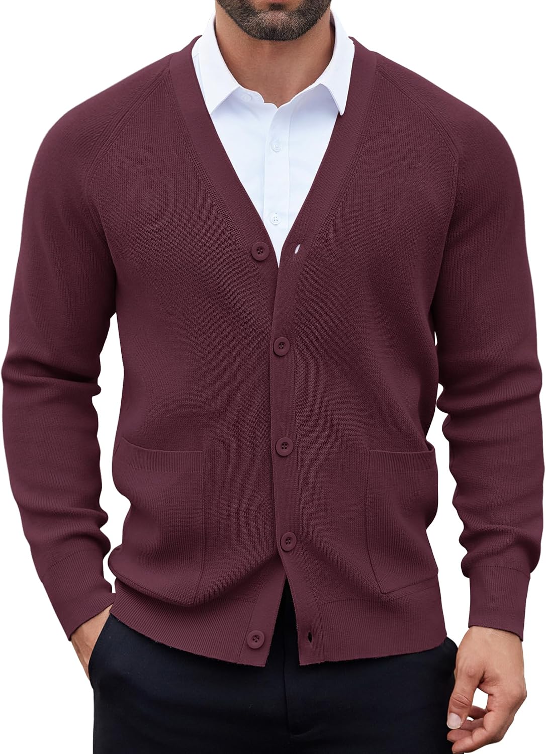 Men's Lightweight V Neck Button Cardigan - Long Sleeve Knit with Front Pockets for Weekends and Office Days - Army Green