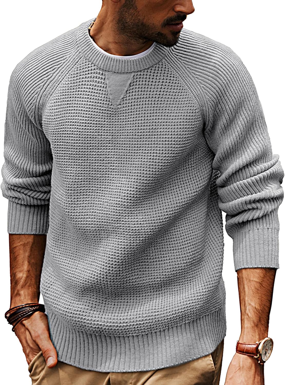 Men's Waffle Knit Crewneck Pullover in Grey