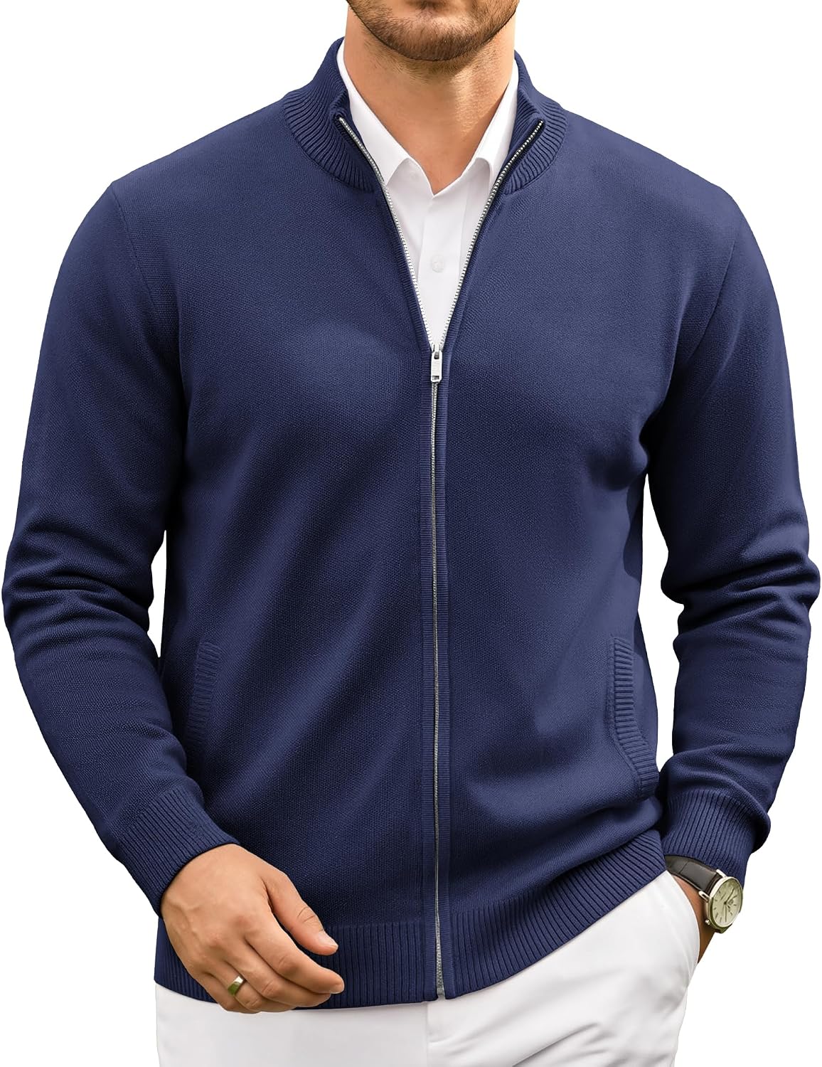 Men's Fair Isle Full Zip Cardigan - Mock Neck Knitwear with Two Slant Pockets and Relaxed Fit for Winter - Small