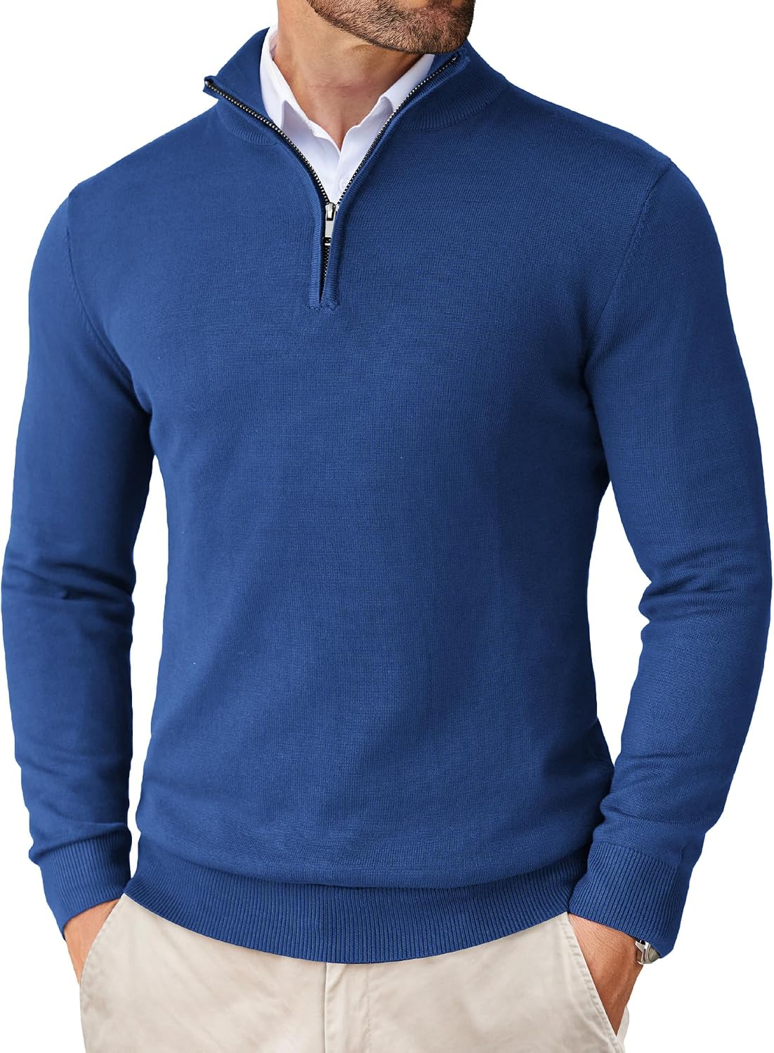 Men's Lightweight Knit Quarter Zip Pullover - Slim Fit Mock Neck with Metal Zipper Pull for Fall Office Days - Large (31