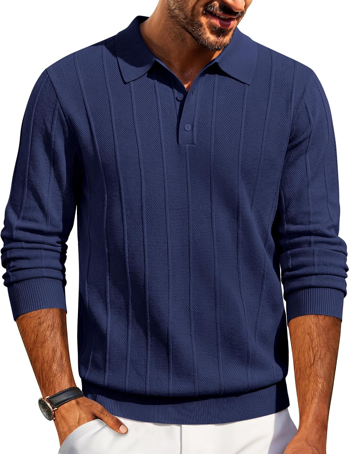 Men's Knit Long Sleeve Polo Sweater - Knitted Collar with High Stretch Cuffs and Hem for Office and Dinners - Small