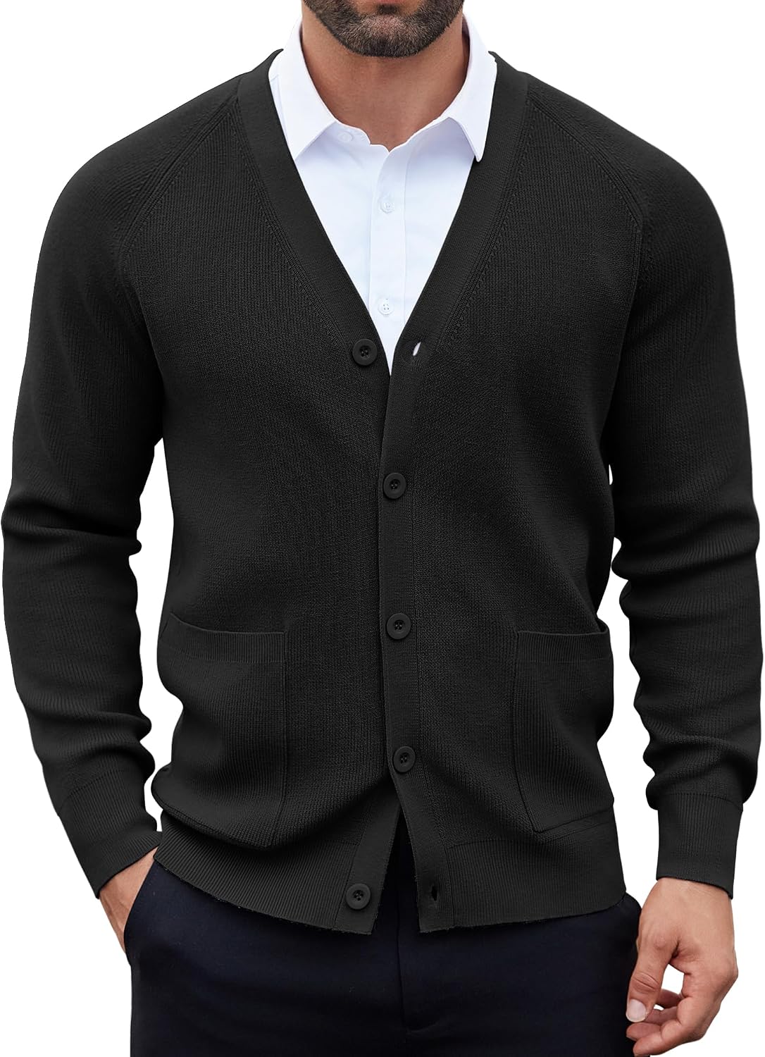 Men's Lightweight V Neck Button Cardigan - Long Sleeve Knit with Front Pockets for Weekends and Office Days - Army Green