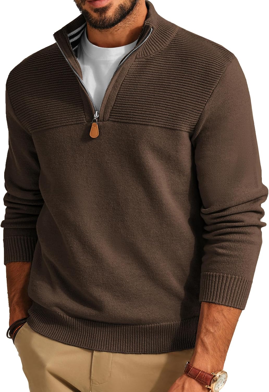 Men's Knit Textured Quarter Zip Pullover - Mock Neck Slim Fit Sweater with Soft Warm Feel for Casual Workdays - Small