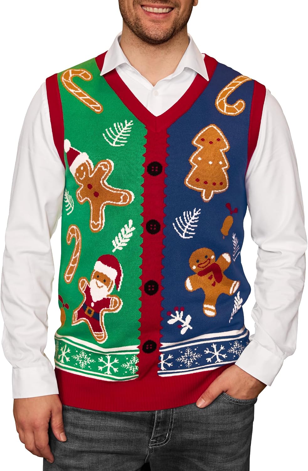 Men's Christmas Sweater Vest - V Neck Sleeveless Knit with Santa and Gingerbread Motifs in Sizes S to 3XL - Gray - Jesus
