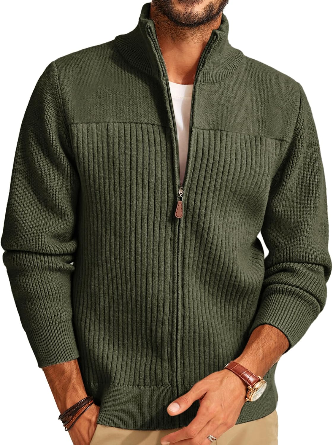Men's Heavyweight Ribbed Knit Full Zip Cardigan - Stand Collar Regular Fit for Cold Mornings and Camp Trips - Small