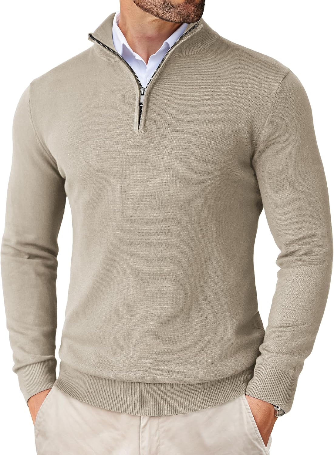 Men's Lightweight Knit Quarter Zip Pullover - Slim Fit Mock Neck with Metal Zipper Pull for Fall Office Days - Medium