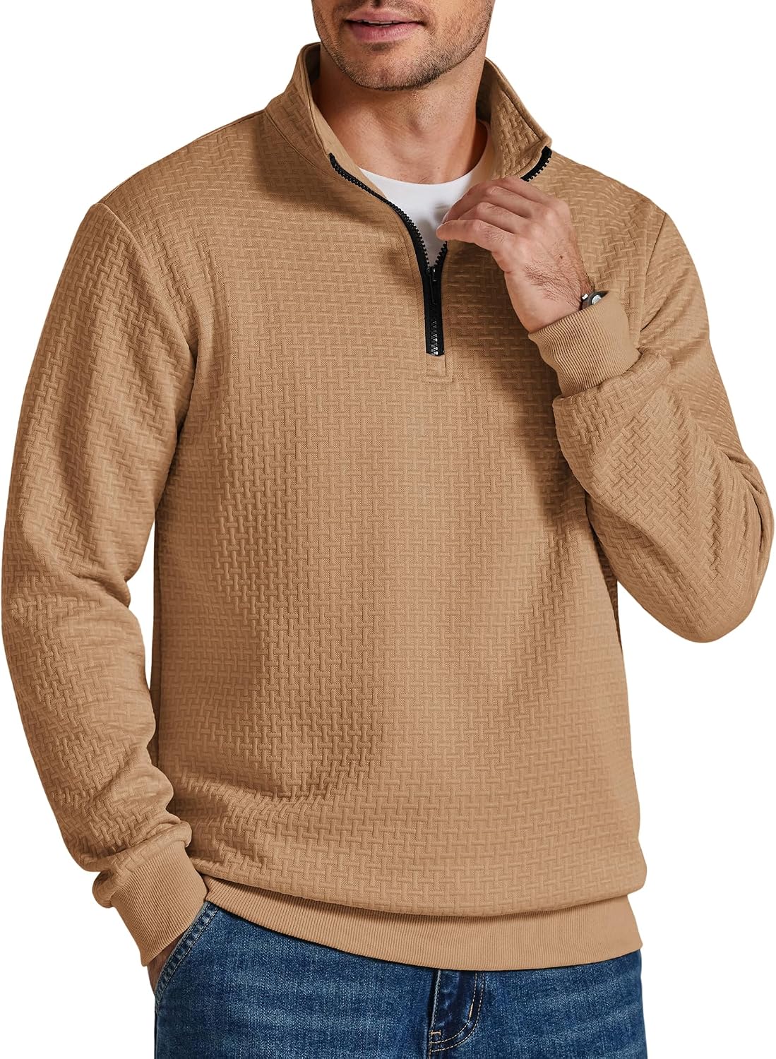 Men's Grid Textured Quarter Zip Sweatshirt - Mock Neck with Contrast Zipper and Relaxed Fit for Fall Days - Small