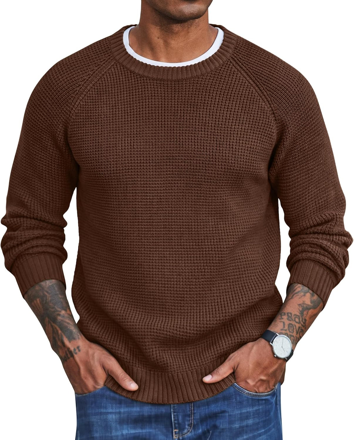 Men's Thick Waffle Knit Crewneck Sweater in Brown