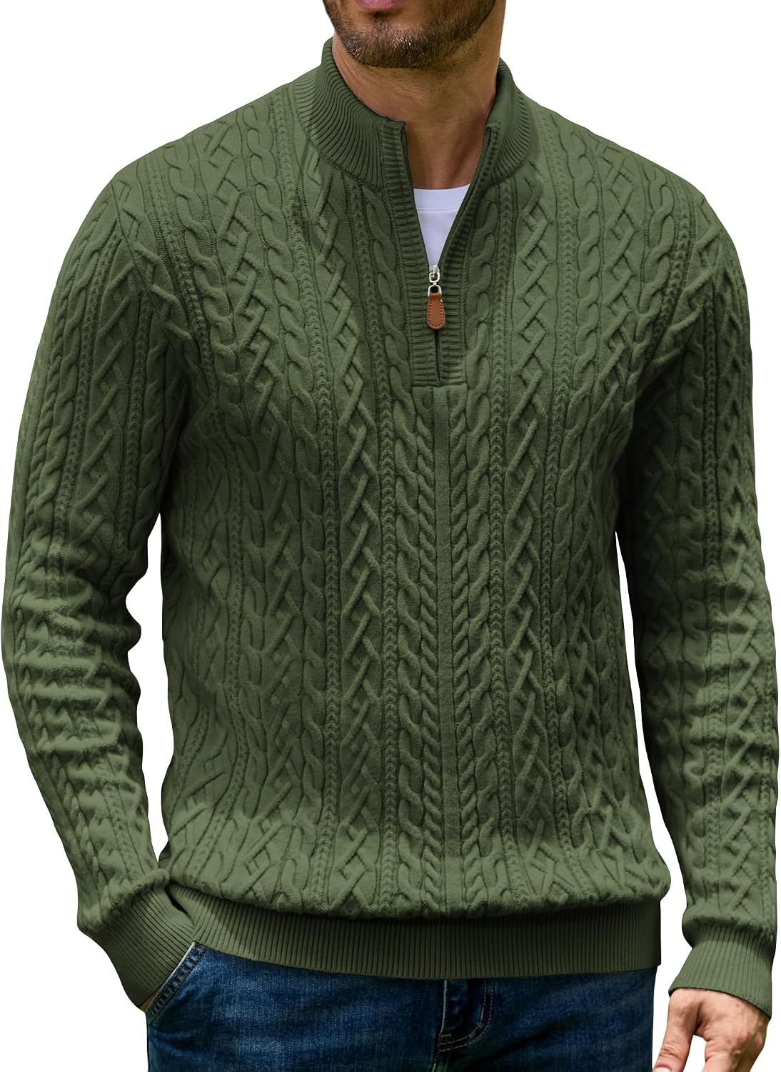 Men's Cable Knit Quarter Zip Sweater - Twist Textured Mock Neck in Heavyweight Stretch Knit for Cold Days - Medium