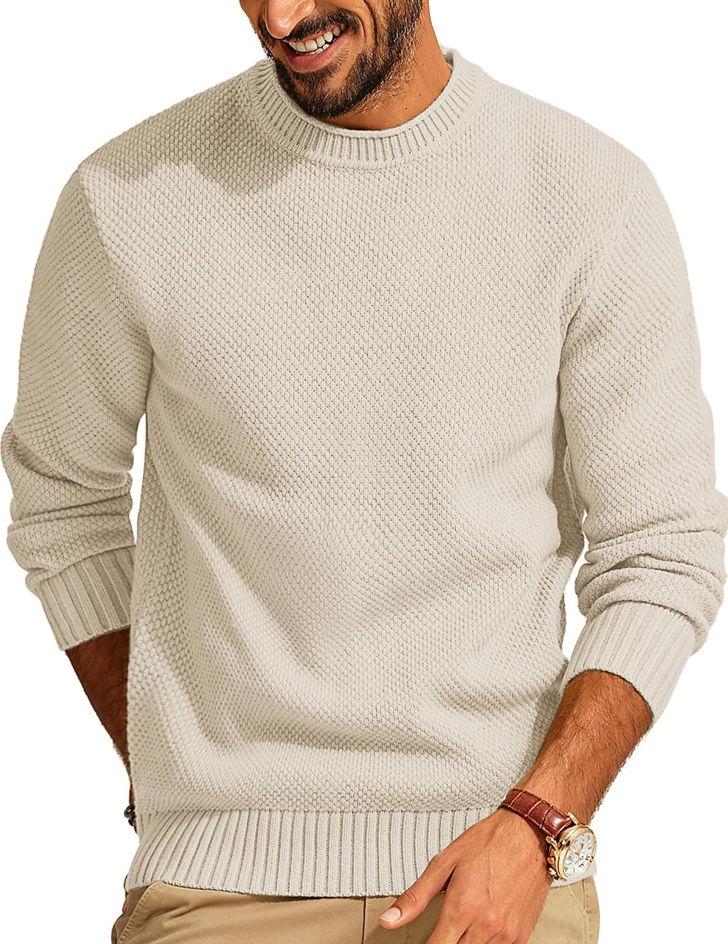 Men's Textured Waffle Knit Crewneck Sweater - Mid Weight Stretch Pullover with Regular Fit for Cold Days - Small