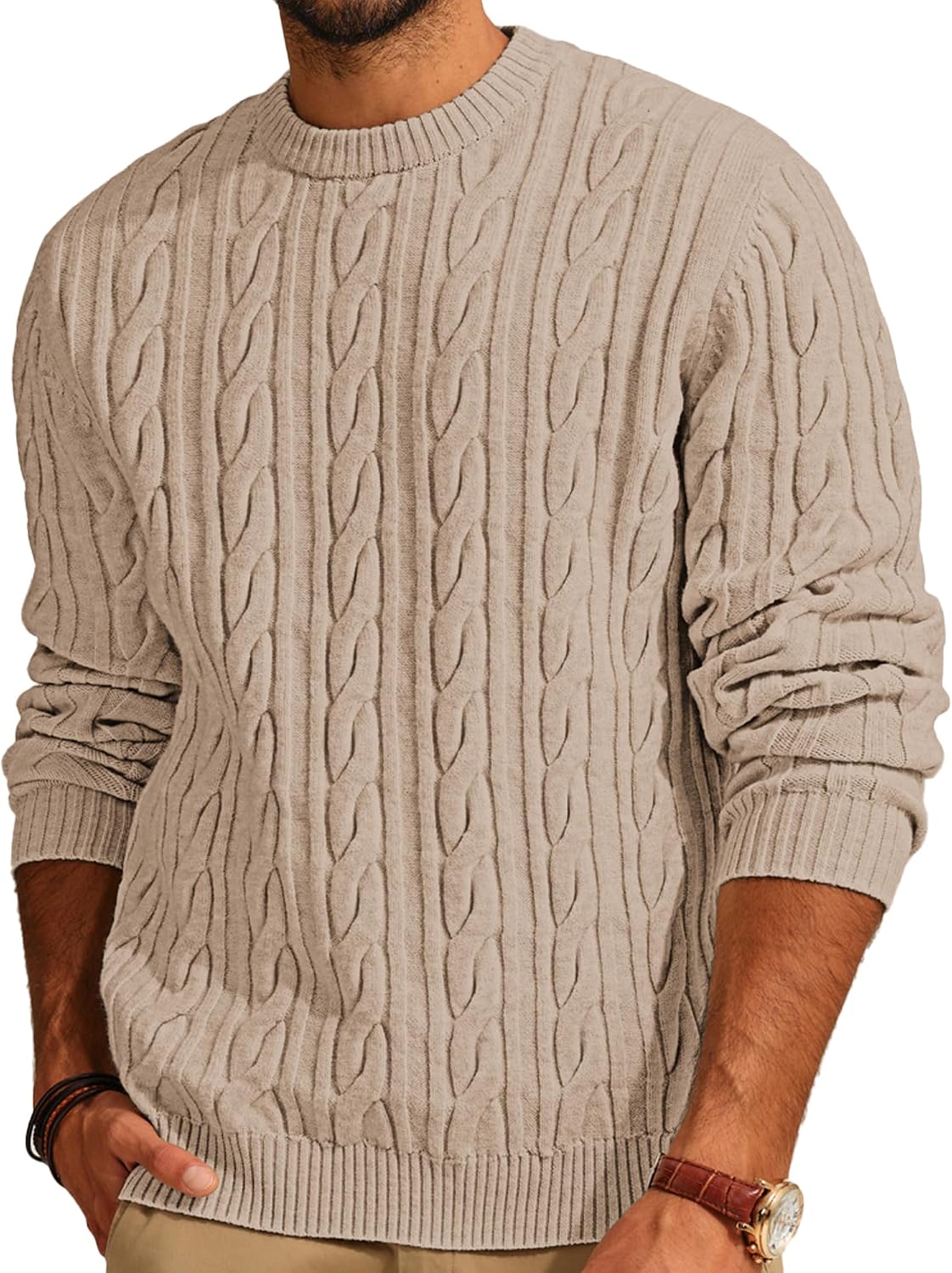 Men's Cable Knit Crewneck Sweater - Twist Textured Regular Fit Pullover in Solid Color for Business Casual Days - Large