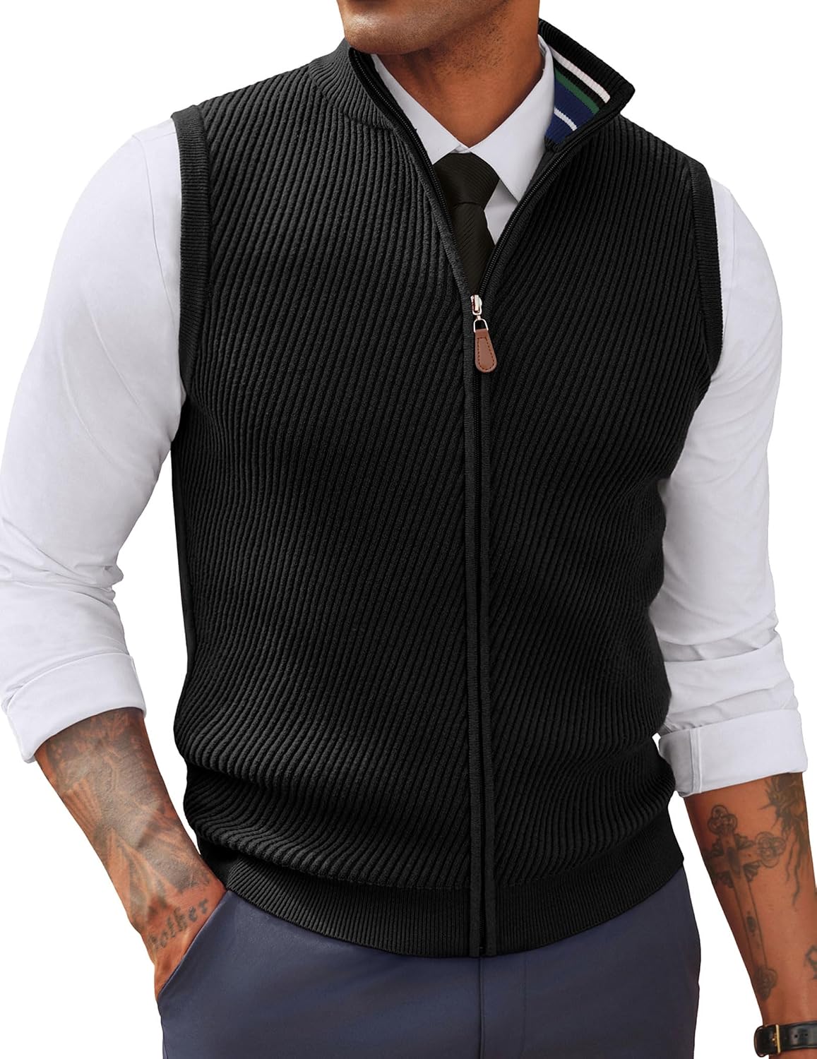 Men's Full Zip Sweater Vest - Mock Neck Twill Knit Sleeveless Layer in a Regular Fit for Fall and Winter - Small