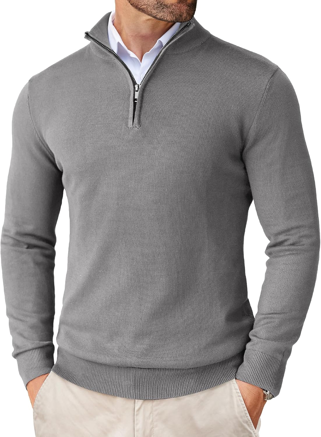 Men's Lightweight Knit Quarter Zip Pullover - Slim Fit Mock Neck with Metal Zipper Pull for Fall Office Days - Small