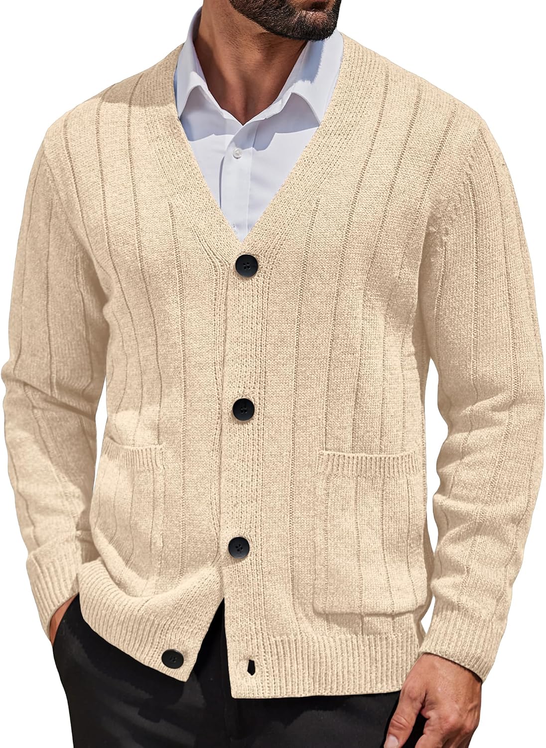 Men's Cable Knit V Neck Cardigan - Button Up Ribbed Sweater with Front Pockets for Everyday Winter Layering - Medium