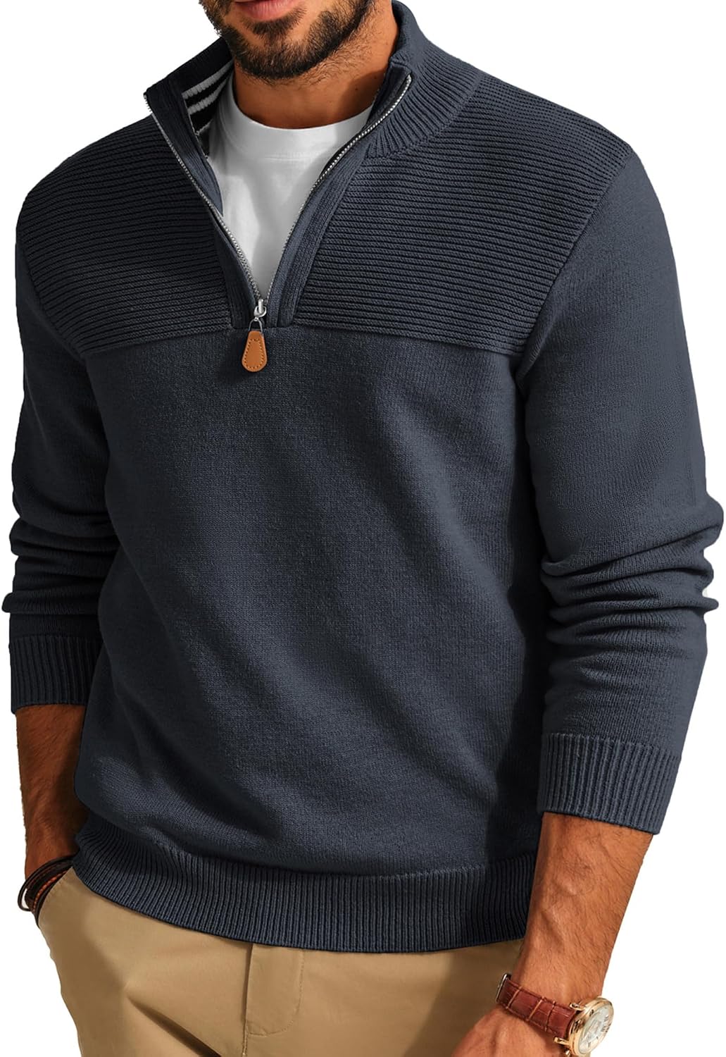 Men's Knit Textured Quarter Zip Pullover - Mock Neck Slim Fit Sweater with Soft Warm Feel for Casual Workdays - Small