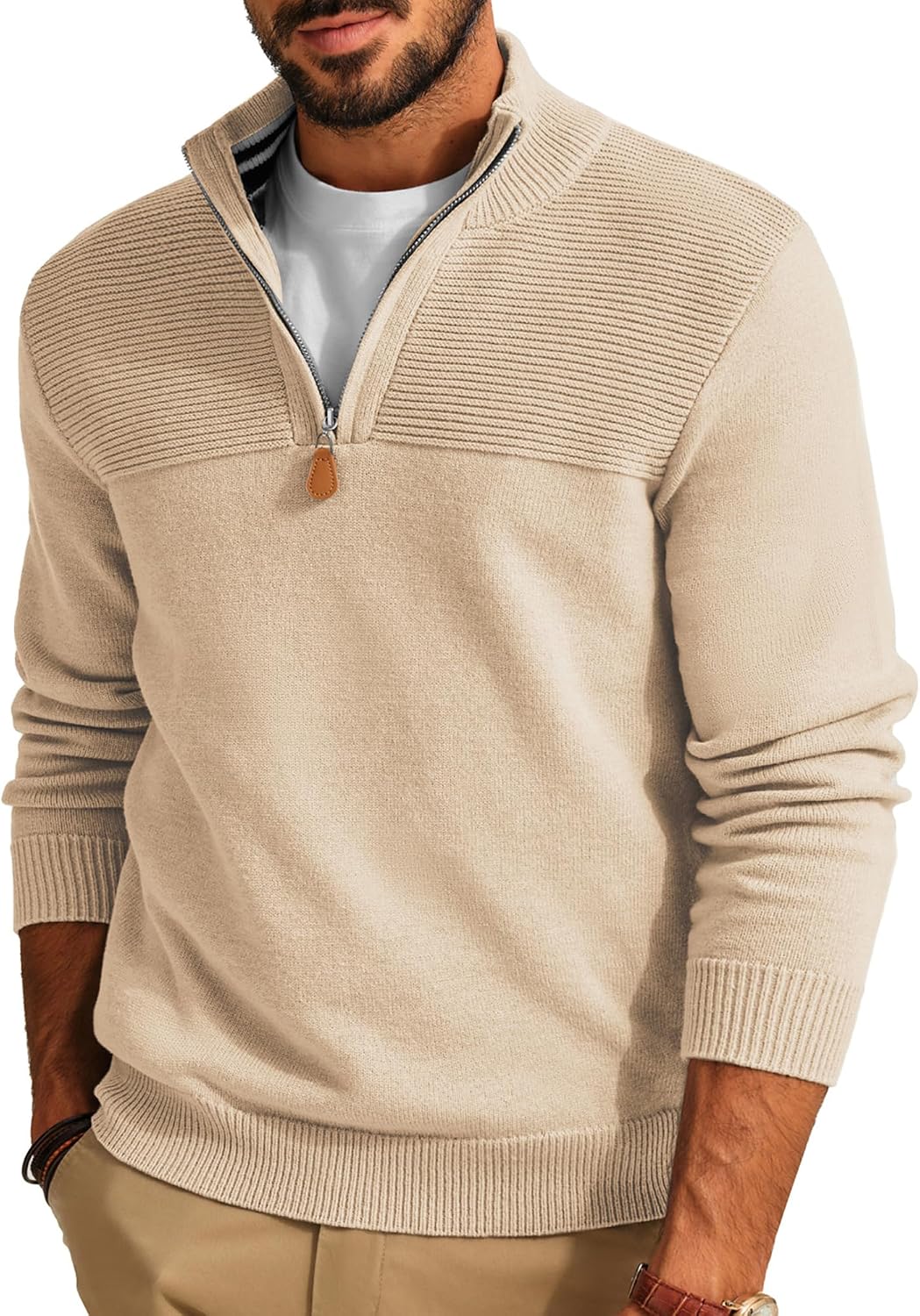 Men's Knit Textured Quarter Zip Pullover - Mock Neck Slim Fit Sweater with Soft Warm Feel for Casual Workdays - Medium