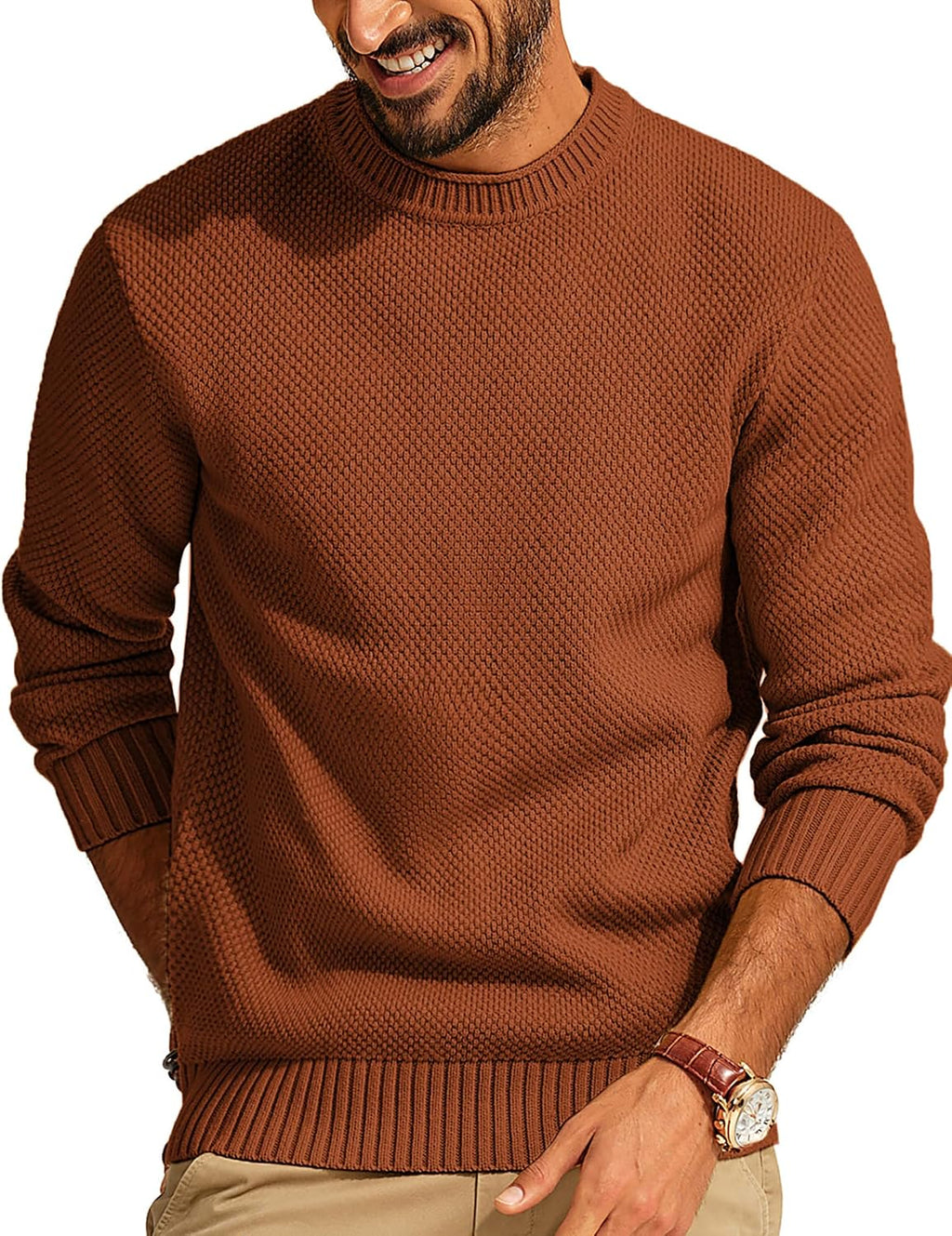 Men's Textured Waffle Knit Crewneck Sweater - Mid Weight Stretch Pullover with Regular Fit for Cold Days - Small
