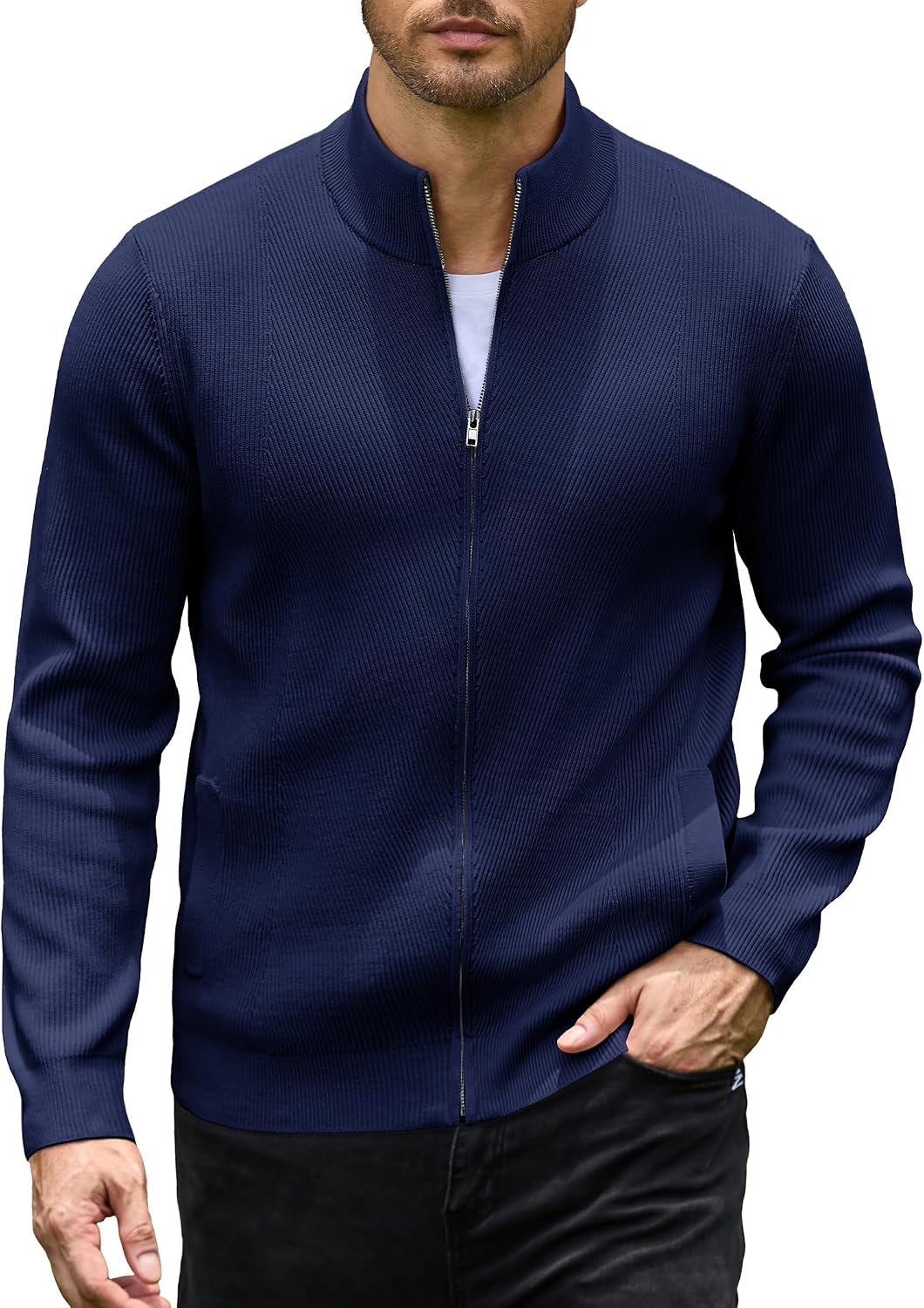 Men's Textured Knit Zip Up Cardigan in Navy Blue
