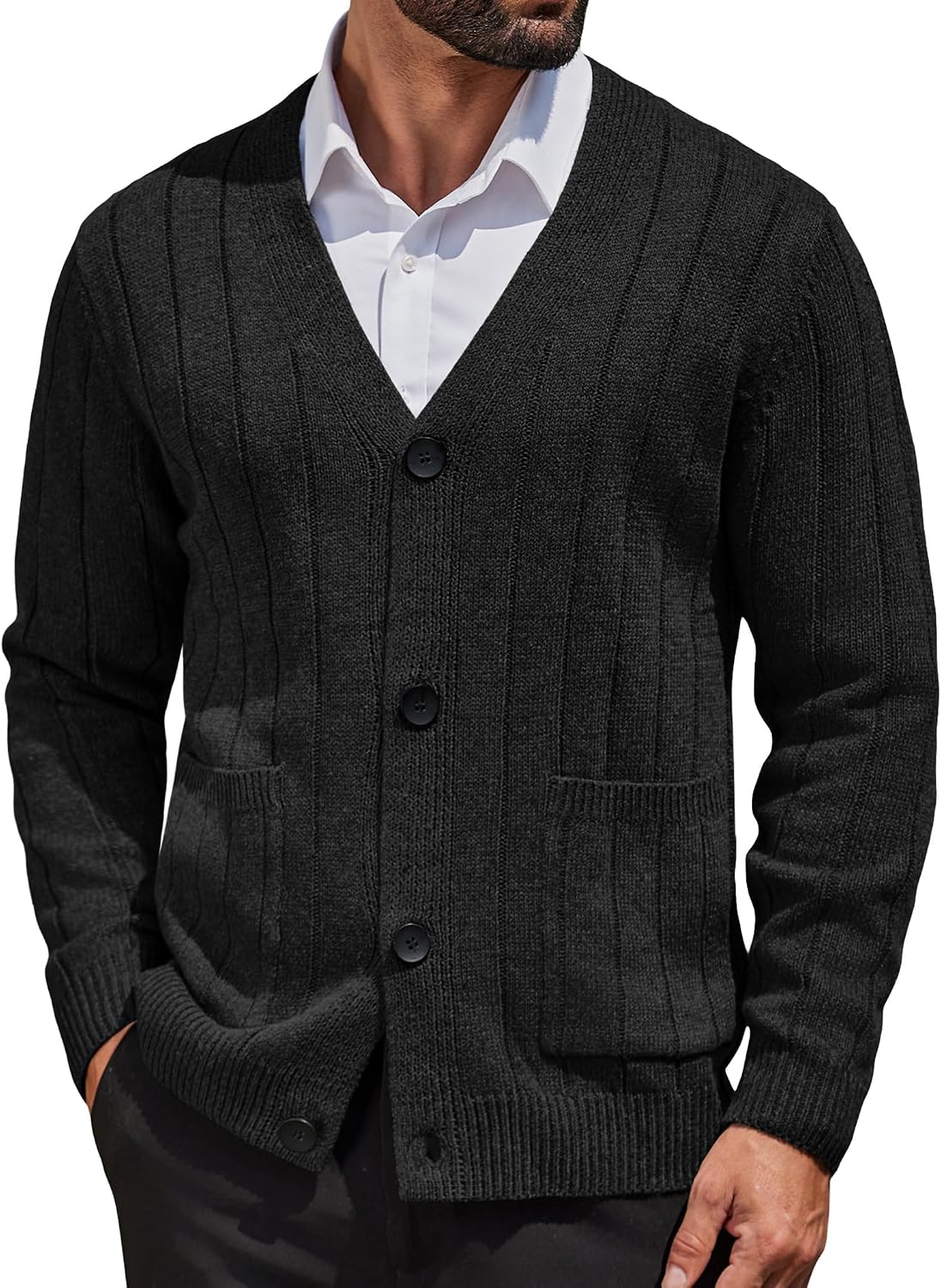 Men's Cable Knit V Neck Cardigan - Button Up Ribbed Sweater with Front Pockets for Everyday Winter Layering - Medium