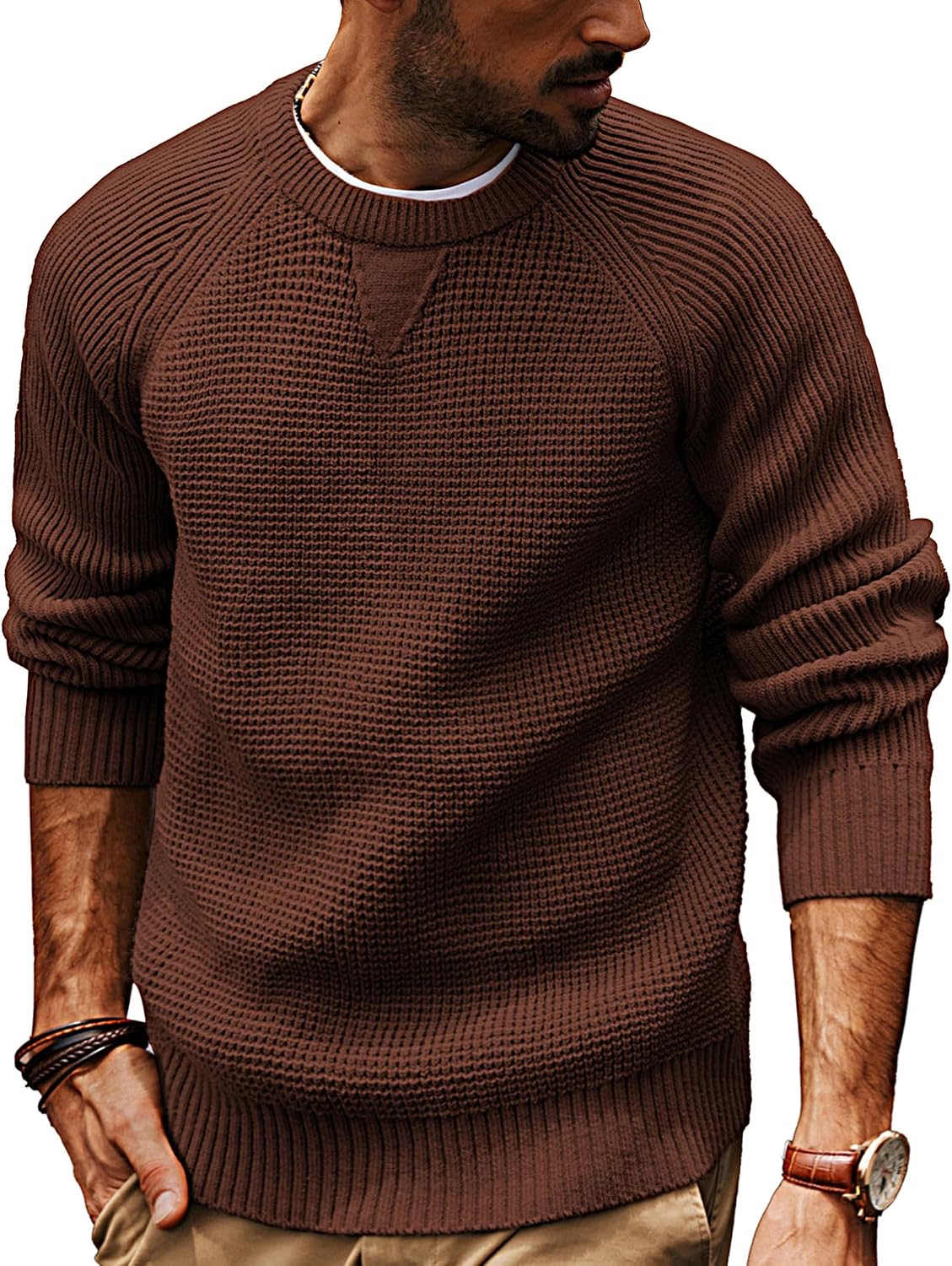 Men's Waffle Knit Crewneck Pullover in Coffee