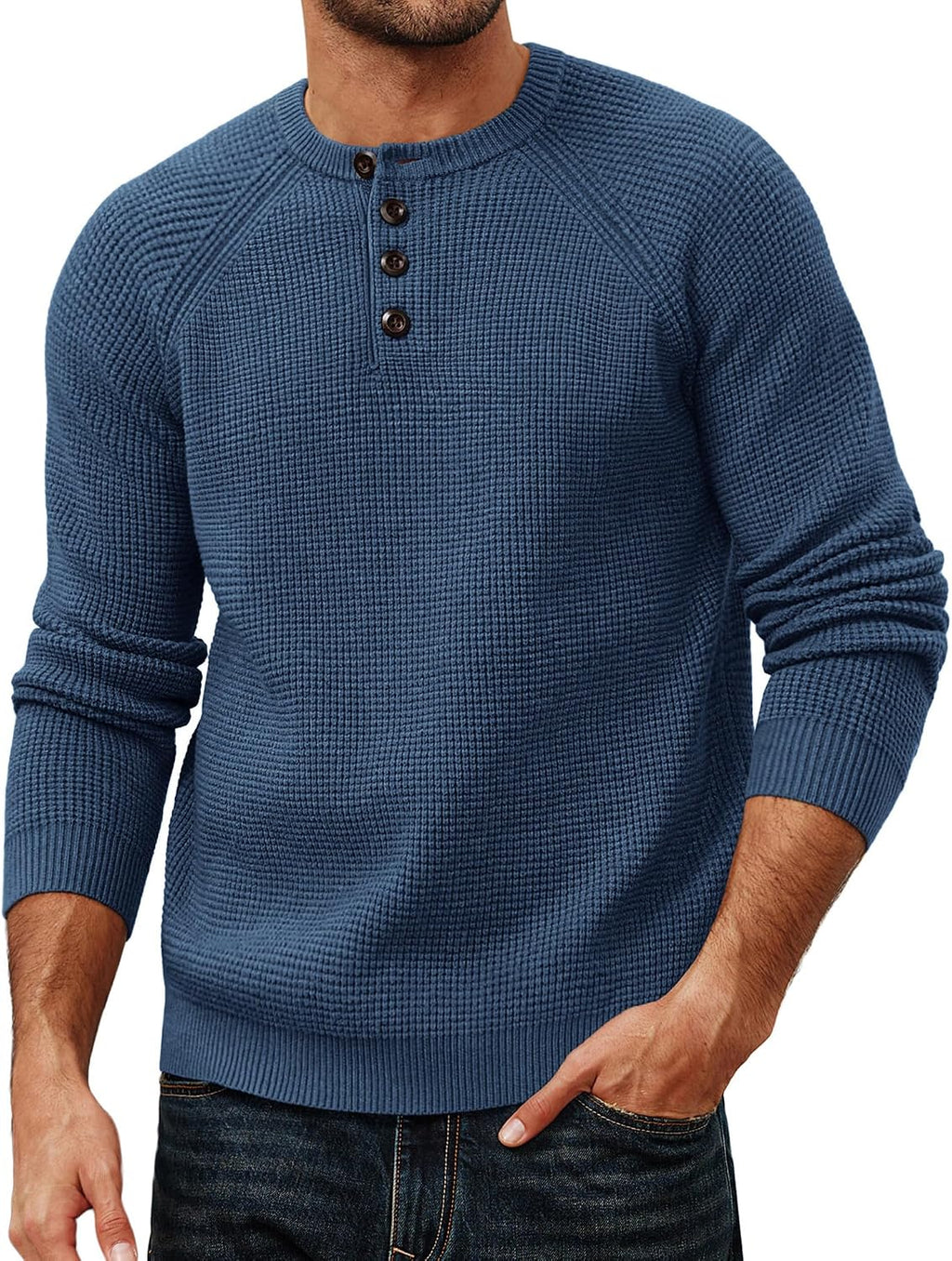 Men's Waffle Knit Henley Sweater - Textured Long Sleeve Pullover with Button Placket for Fall Layering - Medium