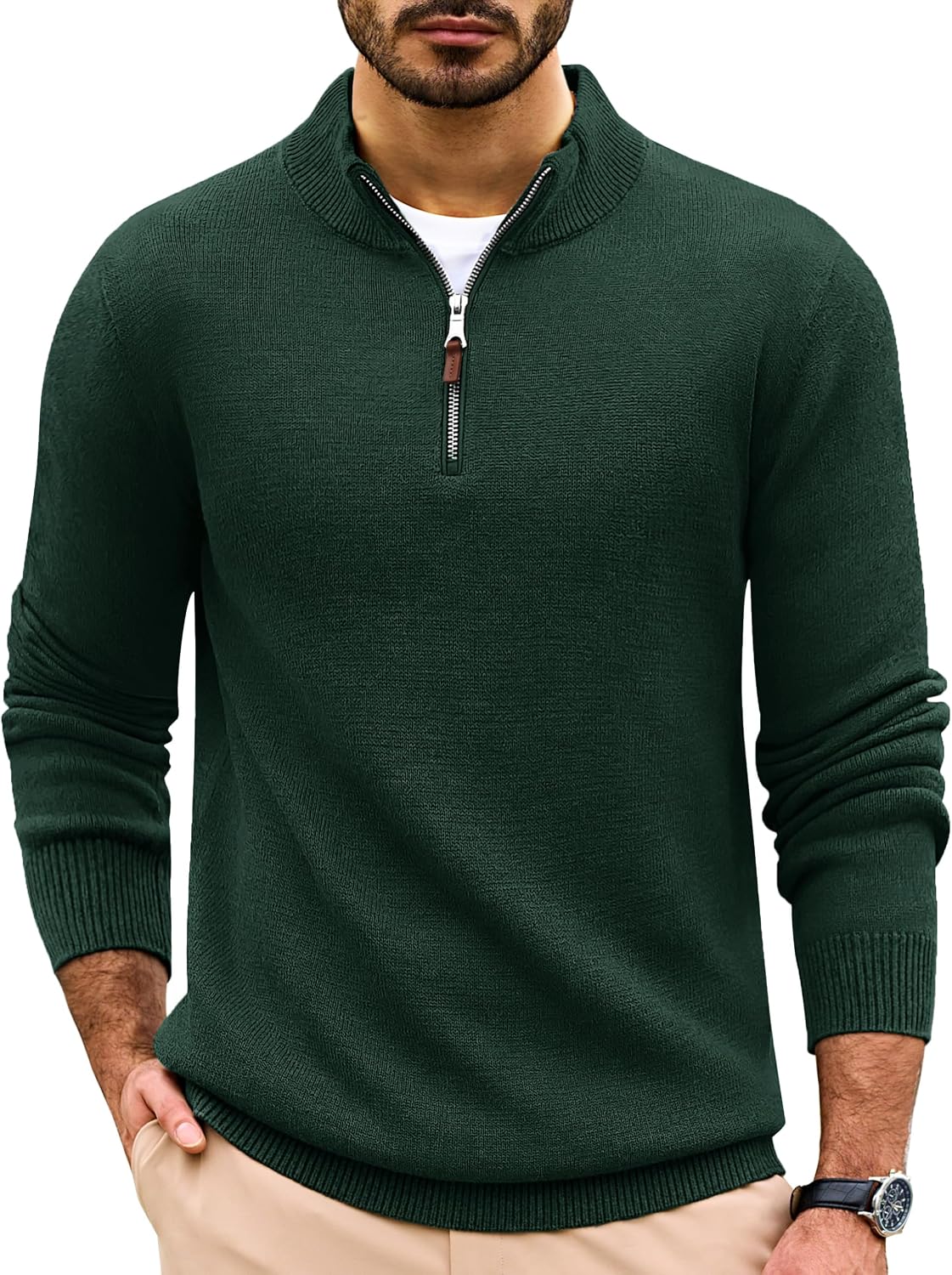 Men's Soft Cotton Quarter Zip Sweater in Ranger Green