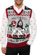 Men's Christmas Sweater Vest - V Neck Sleeveless Knit with Santa and Gingerbread Motifs in Sizes S to 3XL - Gray - Jesus