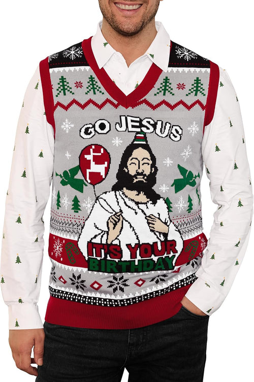 Men's Christmas Sweater Vest in grey with a holiday pattern