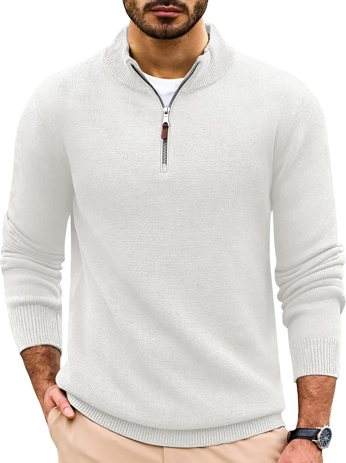 Men's Soft Cotton Quarter Zip Sweater - Mock Neck Knit Pullover in Solid Color for Work and Daily Wear - Black