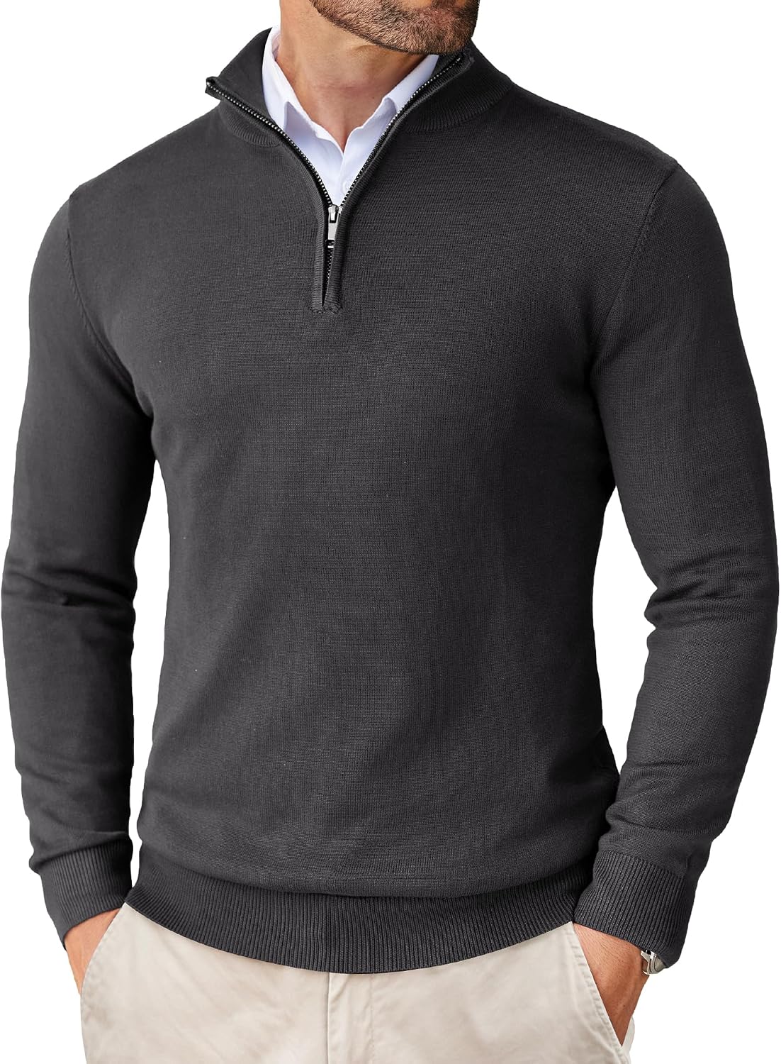 Men's Lightweight Knit Quarter Zip Pullover - Slim Fit Mock Neck with Metal Zipper Pull for Fall Office Days - Large