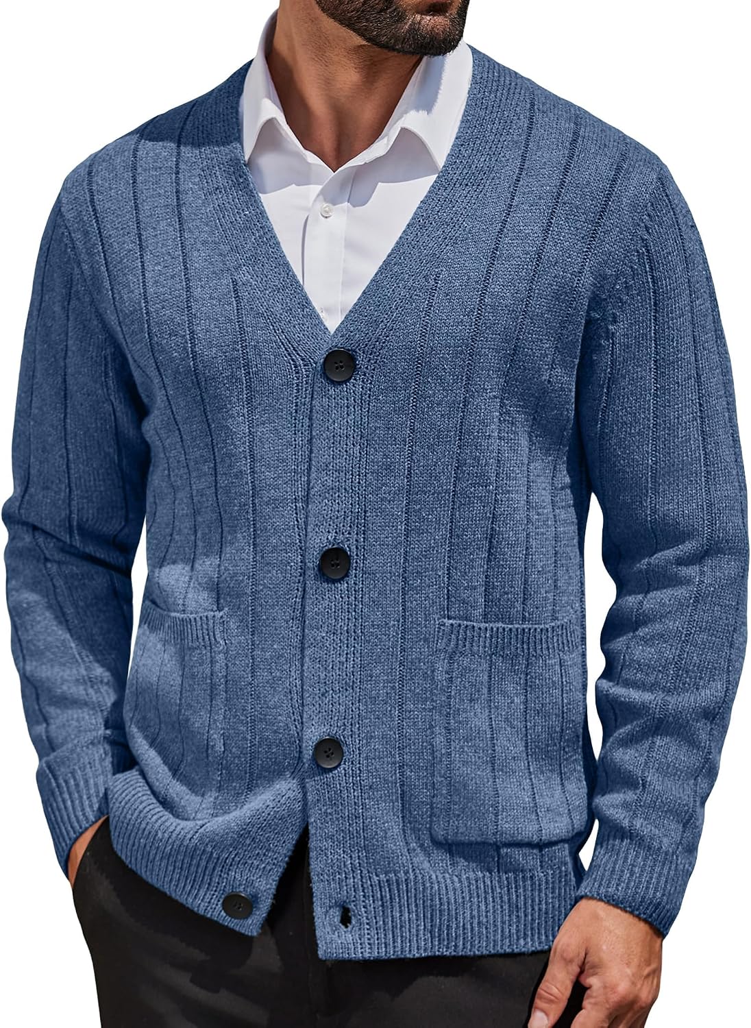 Men's Cable Knit V Neck Cardigan - Button Up Ribbed Sweater with Front Pockets for Everyday Winter Layering - Small