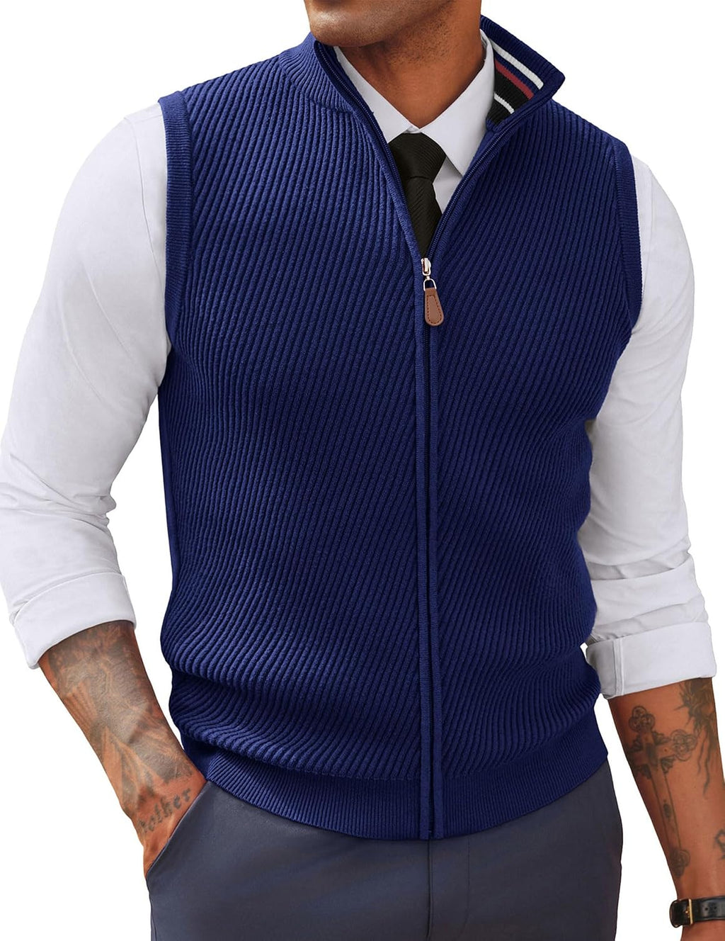 Men's Full Zip Sweater Vest - Mock Neck Twill Knit Sleeveless Layer in a Regular Fit for Fall and Winter - Small