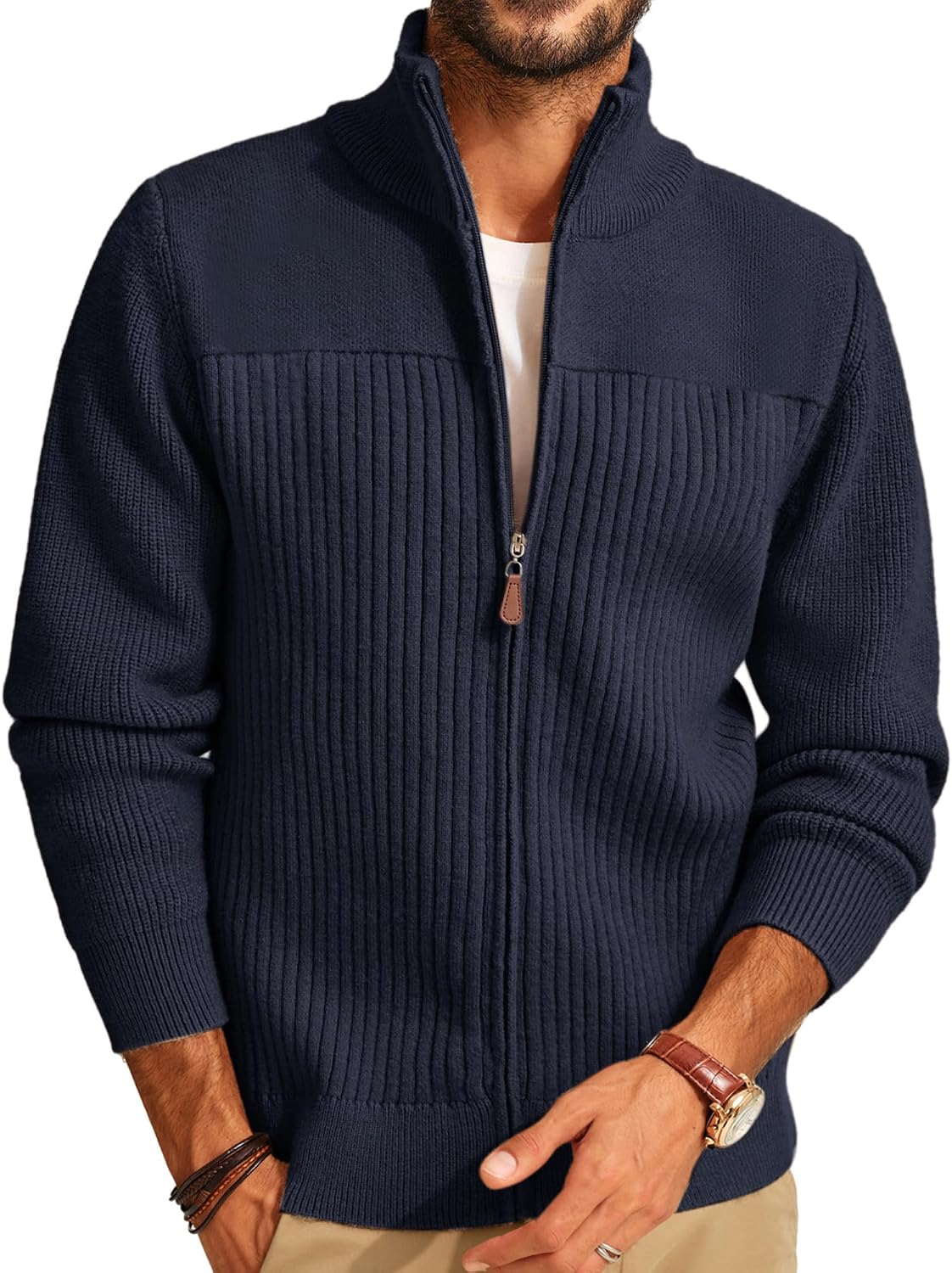 Men's Heavyweight Ribbed Knit Full Zip Cardigan - Stand Collar Regular Fit for Cold Mornings and Camp Trips - Small