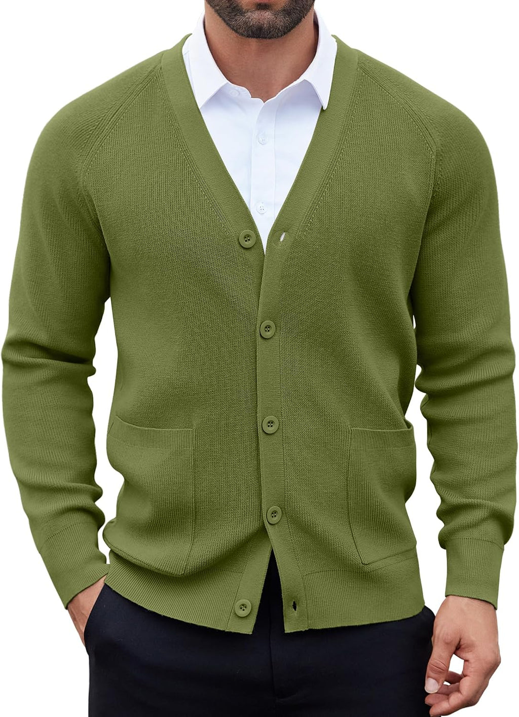 Men's Lightweight V Neck Button Cardigan - Long Sleeve Knit with Front Pockets for Weekends and Office Days - Army Green