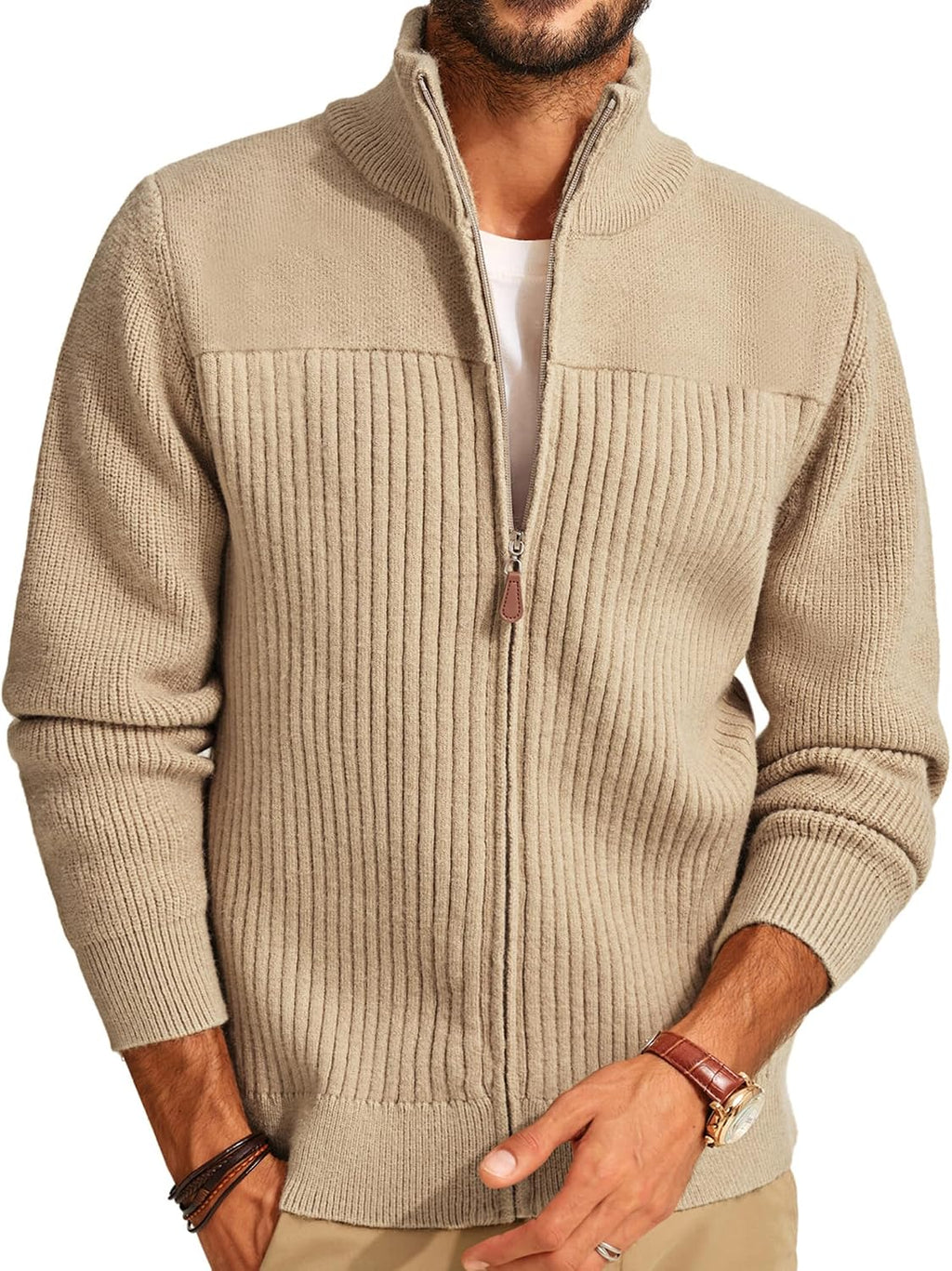 Men's Heavyweight Ribbed Knit Full Zip Cardigan - Stand Collar Regular Fit for Cold Mornings and Camp Trips - Medium