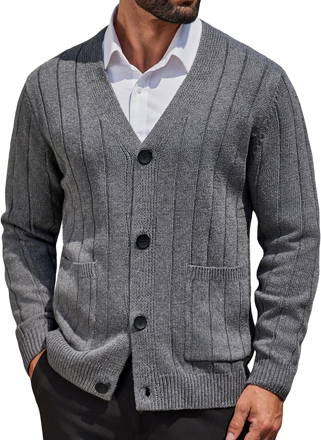 Men's Cable Knit V Neck Cardigan - Button Up Ribbed Sweater with Front Pockets for Everyday Winter Layering - Small