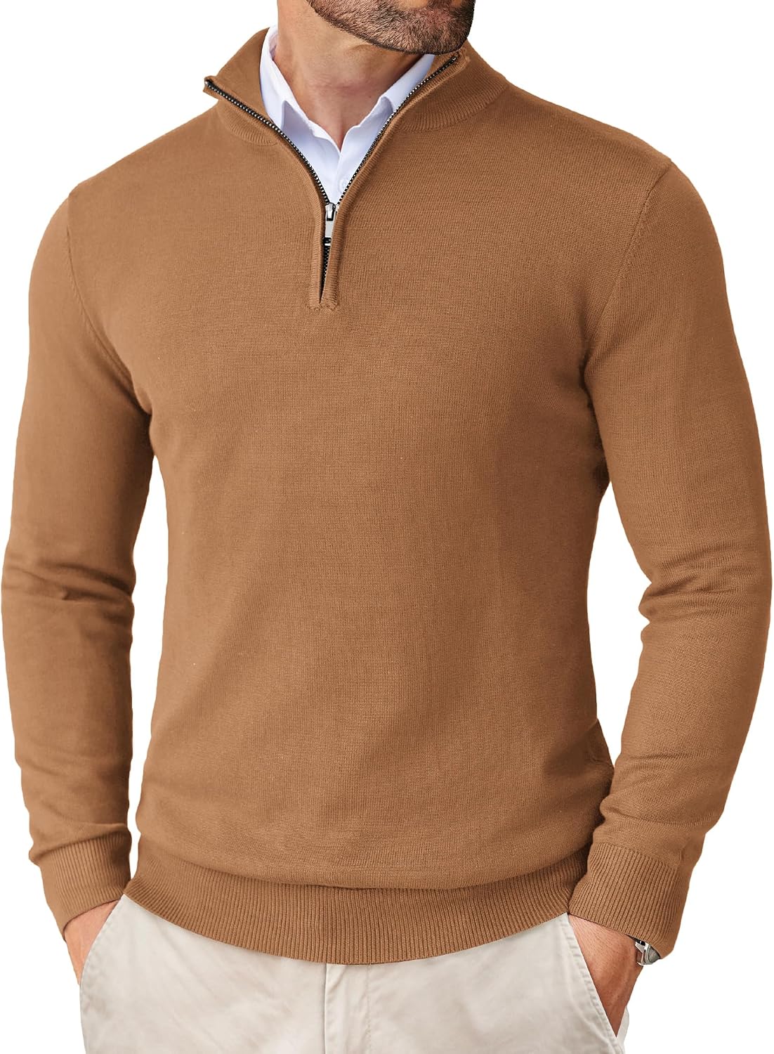 Men's Lightweight Knit Quarter Zip Pullover - Slim Fit Mock Neck with Metal Zipper Pull for Fall Office Days - Small (10