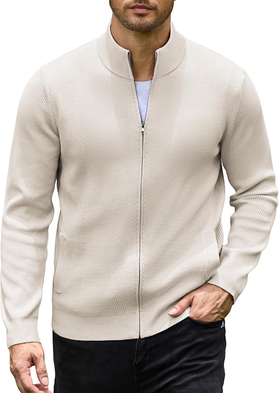 Men's Textured Knit Zip Up Cardigan in Warm Beige