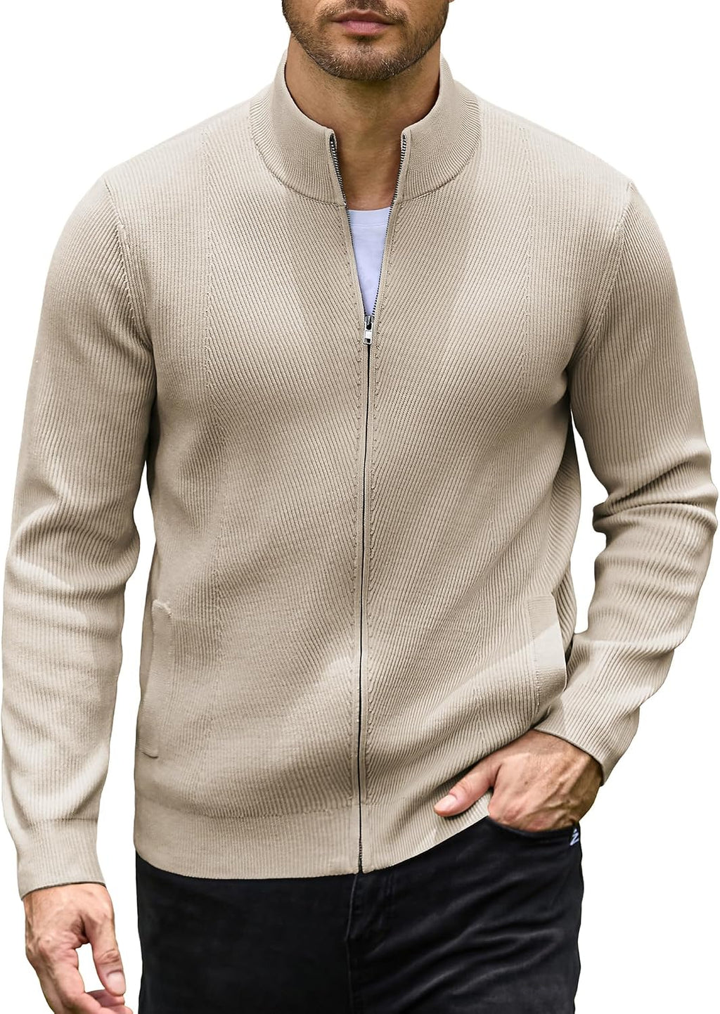 Men's Textured Knit Zip Up Cardigan - Stand Collar with Two Deep Slant Pockets for Office Days and Cool Evenings - Small