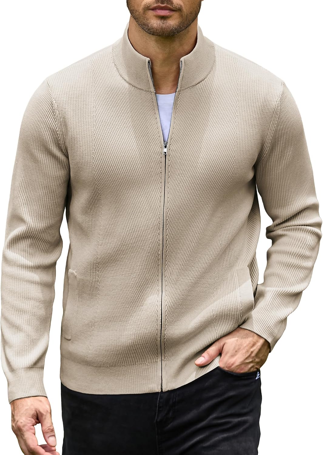 Men's Textured Knit Zip Up Cardigan - Stand Collar with Two Deep Slant Pockets for Office Days and Cool Evenings - Small