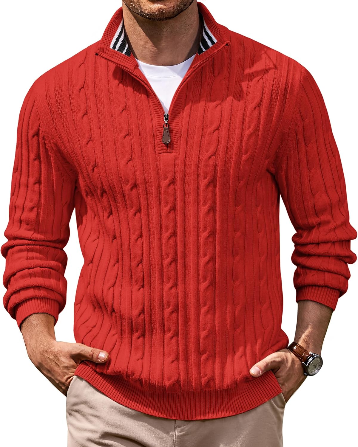 Men's Cable Knit Quarter Zip Sweater - Mock Neck Collar with Textured Cable Panels for Business Layering - Small