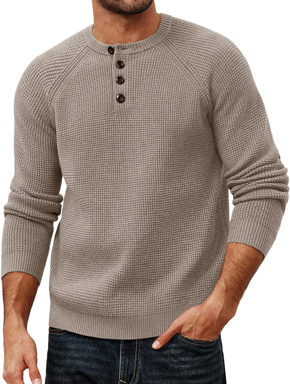 Men's Waffle Knit Henley Sweater - Textured Long Sleeve Pullover with Button Placket for Fall Layering - Medium