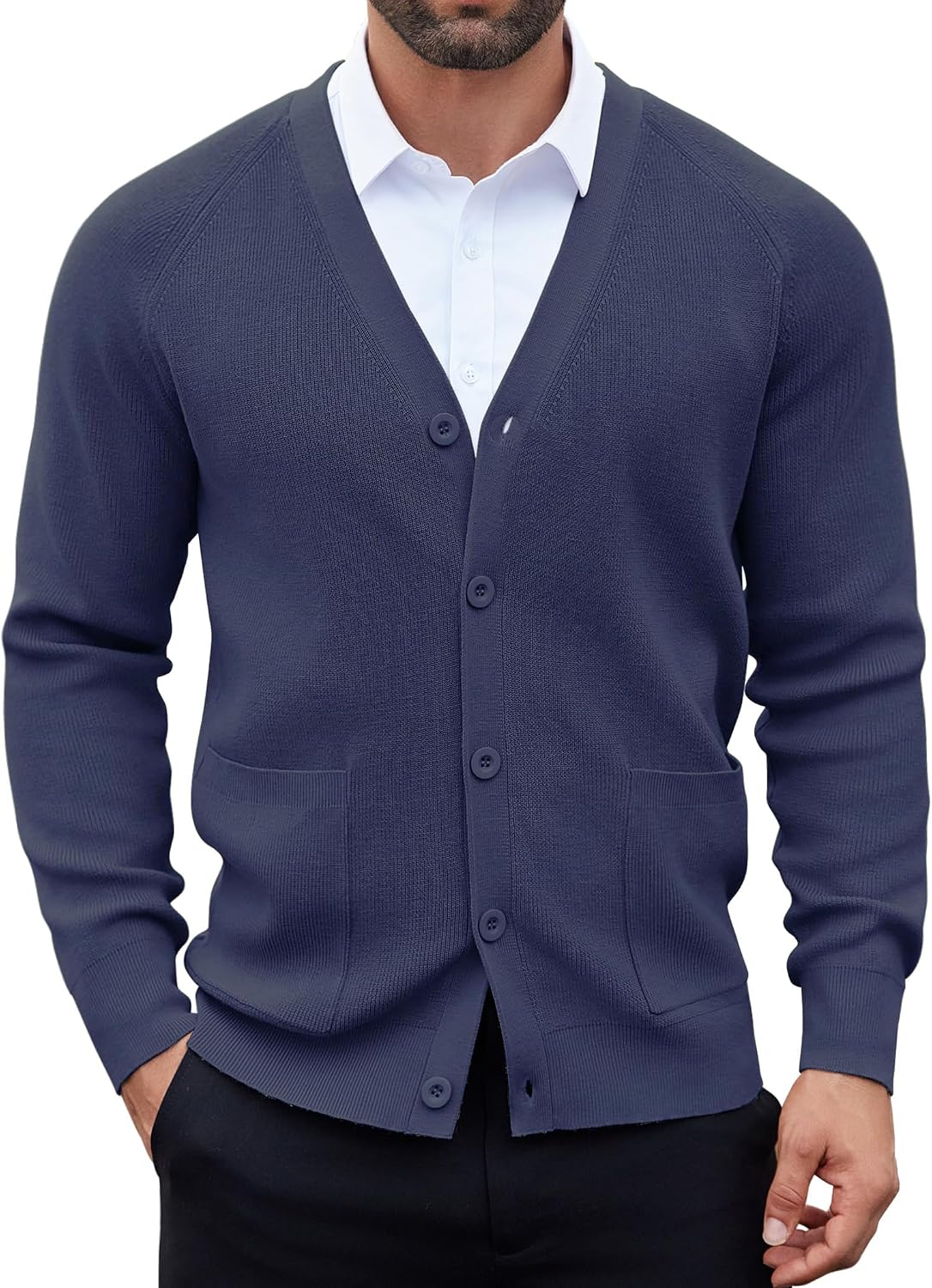 Men's Lightweight V Neck Button Cardigan - Long Sleeve Knit with Front Pockets for Weekends and Office Days - Navy Blue