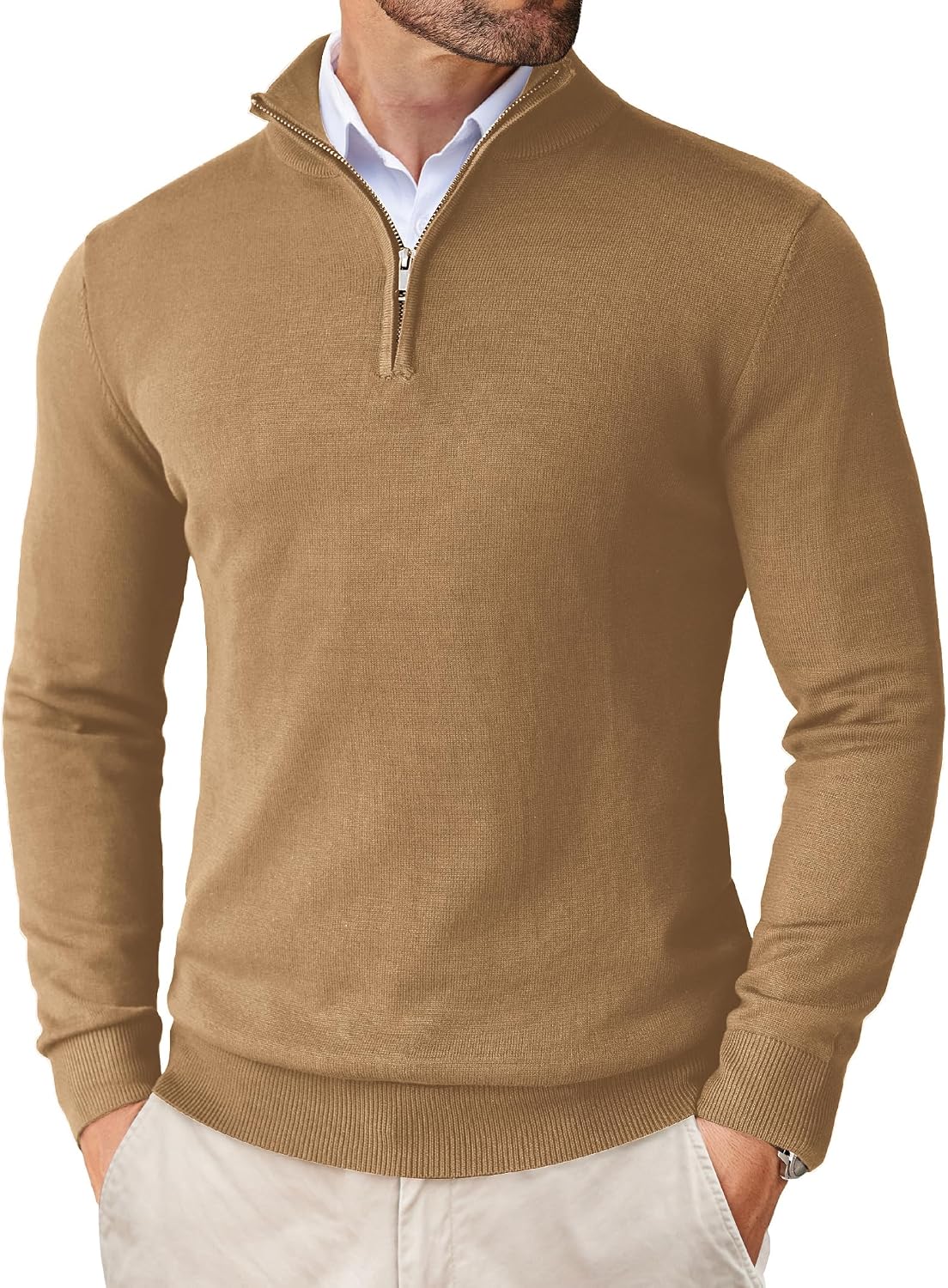 Men's Lightweight Knit Quarter Zip Pullover - Slim Fit Mock Neck with Metal Zipper Pull for Fall Office Days - Large (34