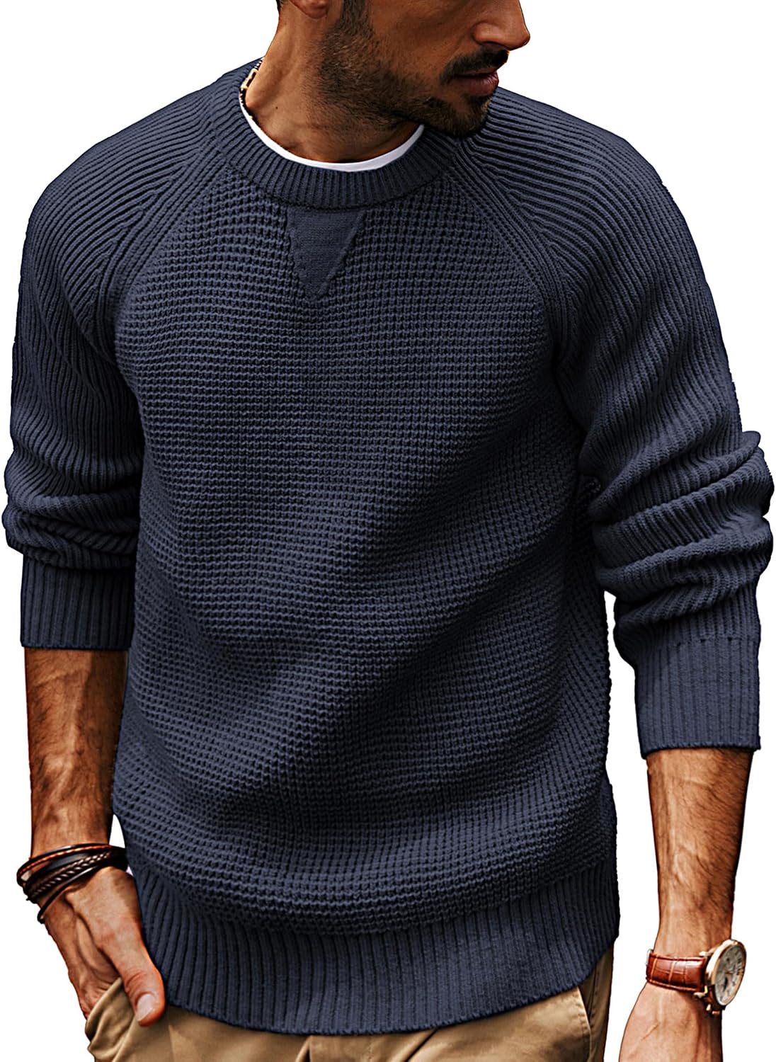 Men's Waffle Knit Crewneck Pullover - Loose Fit Raglan Sleeve Stretch Sweater for Daily and Holiday Wear - Small