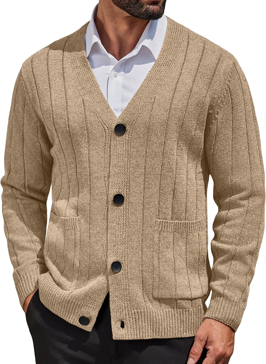 Men's Cable Knit V Neck Cardigan - Button Up Ribbed Sweater with Front Pockets for Everyday Winter Layering - Small