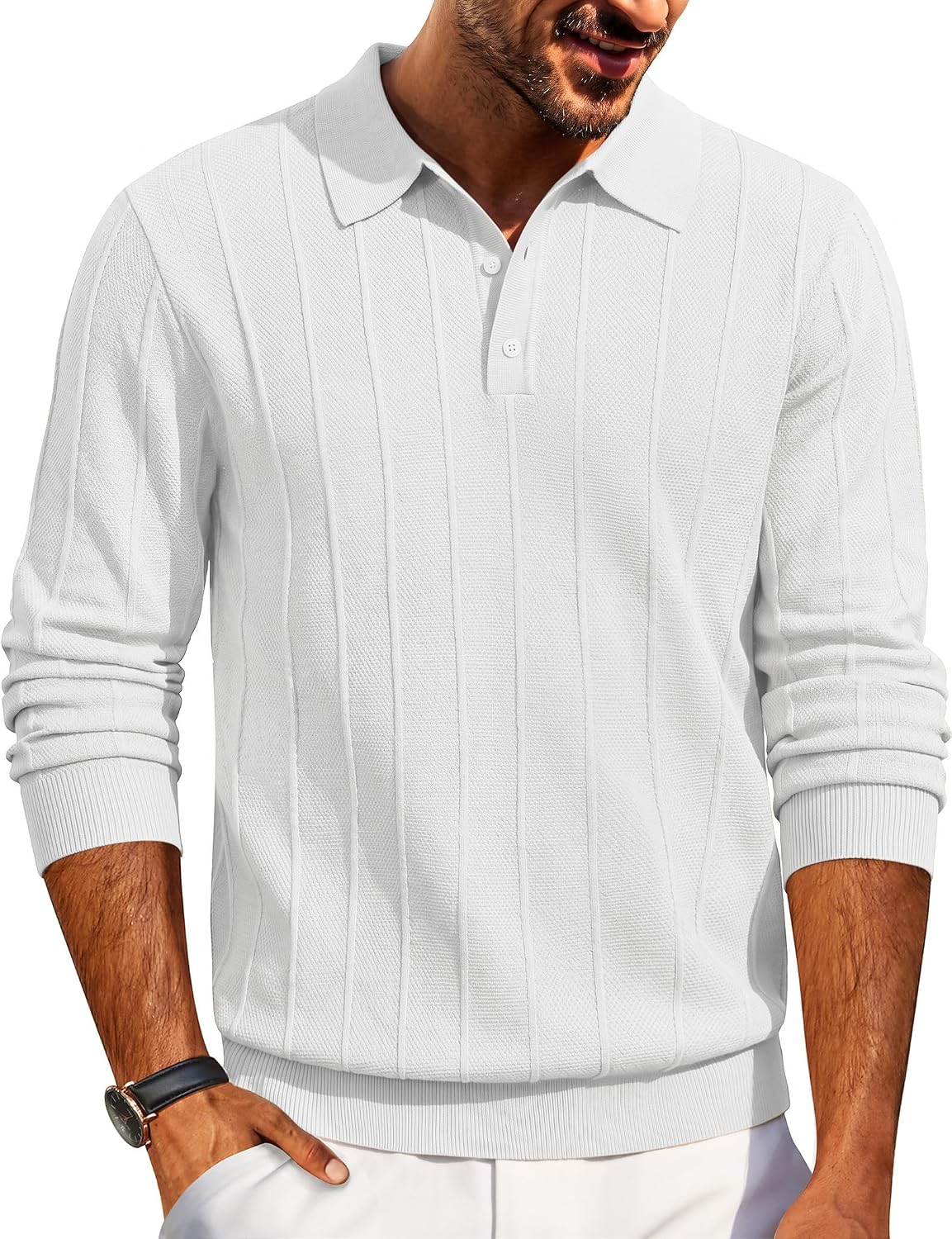 Men's Knit Long Sleeve Polo Sweater - Knitted Collar with High Stretch Cuffs and Hem for Office and Dinners - Medium